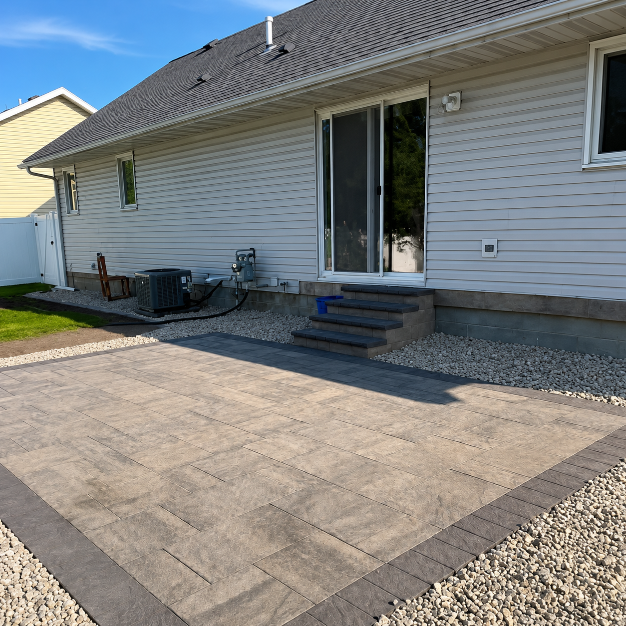 Backyard paver patio with contrasting border and gravel surround