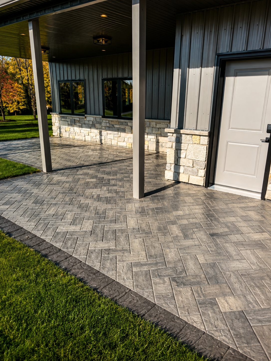 Herringbone paver patio and walkway under a covered porch