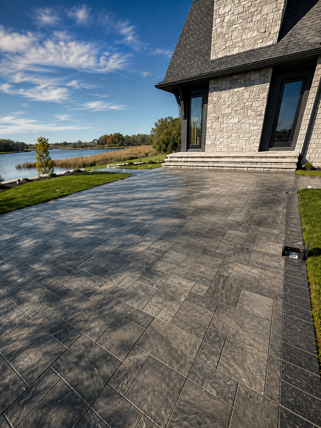 Large stamped paver patio overlooking a lake beside a stone-front home