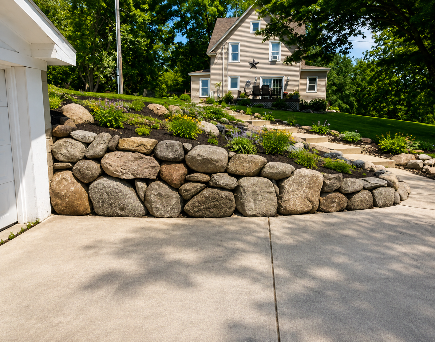 Natural boulder retaining wall with a landscaped hillside above a driveway